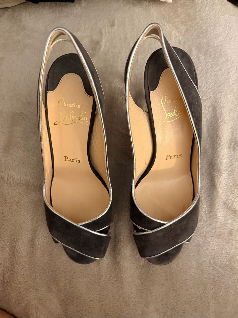 Christian Louboutin Black and Silver Slingback Peep-Toe Heels